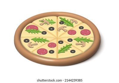 3.d icono realista. Pizza con uva y hongos y salame. Aislado sobre fondo blanco.