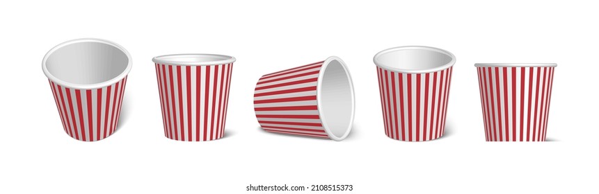 3d realistic icon. Popcorn boxes in different views. Isolated on white background.