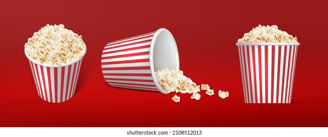 3d realistic icon. Popcorn stripped boxes in top, side and front view. Isolated on red background.