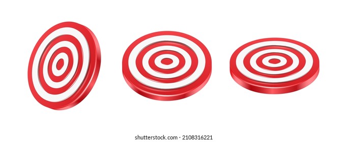 3d realistic icon. Red darts target circle in side, top and half side view. Isolated on white background.