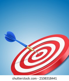 3d realistic icon. Red darts target with arrow on blue background, vertical position.