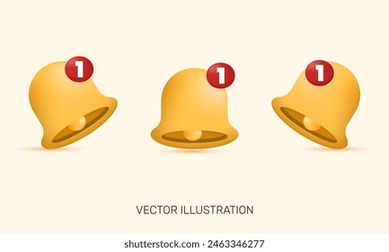 3d realistic icon three yellow notification bell set isolated vector design.vector icon 3d illustration