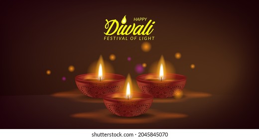 3d realistic illuminated oil lamp for happy diwali festival of light from India with bokeh light greeting card