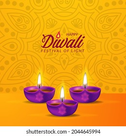 3d realistic illuminated purple oil lamp for happy diwali festival of light from India with bokeh light with yellow background