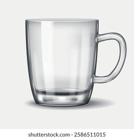 3D realistic illustration of a classic transparent coffee cup with a smooth curved handle. Ideal for morning coffee, tea, and hot beverages in home and café environments.