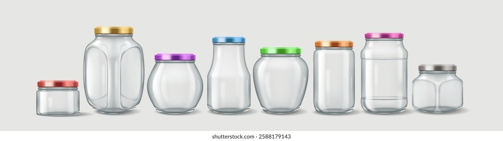 3D realistic illustration featuring a set of transparent glass jars with different colored metal lids. Perfect for kitchen storage, food preservation, and decorative purposes.