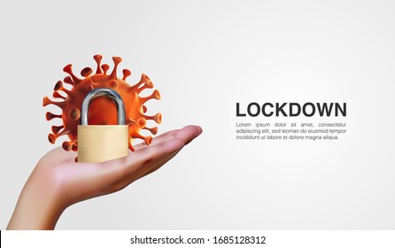 3D Realistic illustration of hand holding Novel coronavirus cell (2019-nCoV) outbreak and padlocks. 3D vector illustration background template.