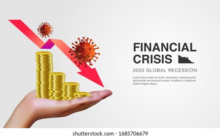 3D Realistic illustration of hand holding gold coins with decreasing arrow as a sign of the economic crisis. Novel coronavirus cell (2019-nCoV) outbreak. Vector illustration background template.