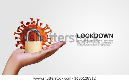 3D Realistic illustration of hand holding Novel coronavirus cell (2019-nCoV) outbreak and padlocks. 3D vector illustration background template.