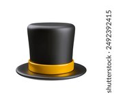 3d realistic illustration of magic hat. Black wizard cylinder with gold ribbon. Vector art of magic equipment for tricks and artists. Headwear for magic show concept isolated on white background.