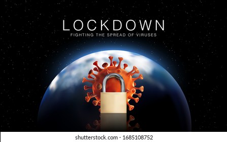 3D Realistic illustration of Novel coronavirus cell (2019-nCoV) outbreak and padlocks, lockdown above planet earth. 3D vector illustration background.