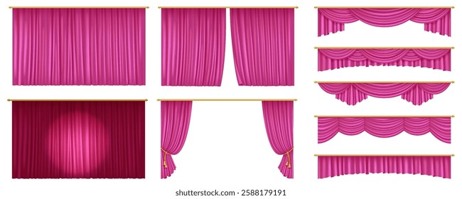 3D realistic illustration of a pink stage curtain with elegant folds, designed for stylish performance and theater decor, adding a vibrant touch.