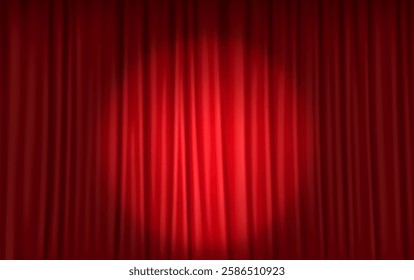 3D realistic illustration of red stage curtains with a dramatic spotlight effect, ideal for theater productions, cinematic openings, and stage events.