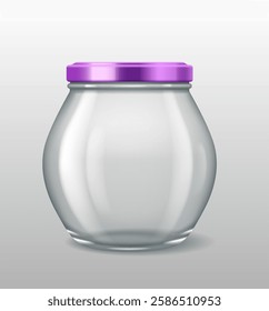 3D realistic illustration of a small transparent glass jar with a purple lid. Ideal for storing herbs, spices, jam, and kitchen condiments.