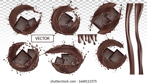 3D realistic illustration splash chocolate and piece chocolate. Cocoa butter, chocolate paste with drops on transparent background. Beautiful vector illustration for design label.