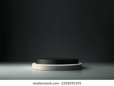 La imagen realista 3D de una pila de podio vacía blanca y negra en un fondo oscuro de pared es perfecta para maquetas de productos, presentaciones y materiales de marketing. Ilustración del vector