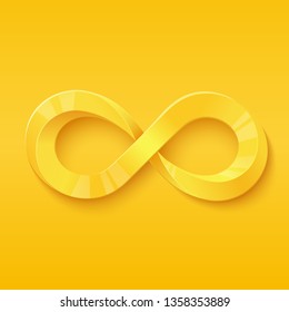 3d realistic infinity symbol. Golden logo. Design element. Isolated on yellow background. Free space for text. Vector illustration.