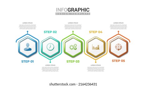 3d realistic infographic in 5 steps. Professional infographic with colorful gradient hexagonal shape. Business information steps with icon