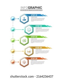 3d Realistic Infographic Label In 5 Steps. Horizontal Infographic With Colorful Gradient Hexagonal Shape. Business Information Steps With Icon