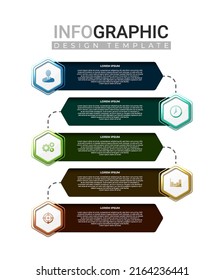 3d Realistic Infographic Label In 5 Steps. Horizontal Infographic With Colorful Gradient Hexagonal Shape. Business Information Steps With Icon