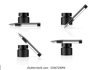 3D Realistic Ink Bottle and Pen on White Background Illustration Vector