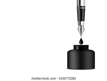 3D Realistic Ink Bottle and Pen on White Background Illustration Vector
