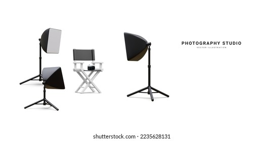 3d realistic interior of modern photo studio with chair, camera and professional lighting equipment. Empty photography studio with spotlights. Vector illustration