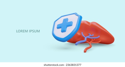 3d realistic internal organ spleen and medical shield with cross. Health protection. Healthy spleen concept. Vector illustration with blue background and place for text