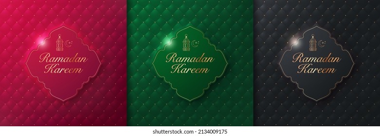 3d pancarta de vectores islámicos realistas para tarjetas de felicitación ramadan en color rojo, verde y negro oscuro con contorno de punto y linterna en color oro