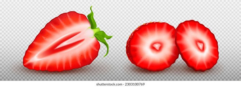 3d realistic isolated red strawberry fruit slice on transparent background. Flying fresh cut half berry graphic element set with green leaf. Sweet delicious organic summer tasty beverage product.
