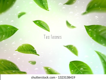 3d realistic isolated tea leaves circling in a whirlwind in water with bubbles