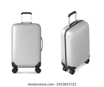 3d realistic isolated travel suitcase vector icon. Airport plastic luggage concept on white background. Baggage accessory with black handle. Minimal suit case flight equipment blank design template