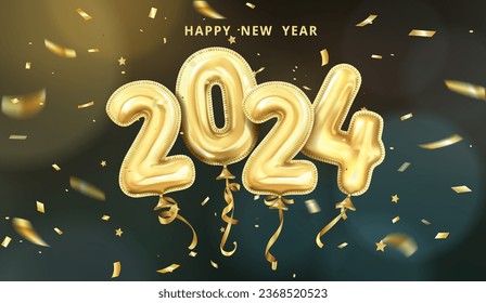 3d realistic isolated vector with gold gel balls as numbers two thousand and twenty four, 2024, dark background, New Year's balloons to decorate your design, Christmas, New Year, advertising