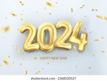 3d realistic isolated vector with gold gel balls as numbers two thousand and twenty four, 2024, white background, New Year's balloons to decorate your design, New Year, Christmas, advertising