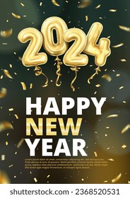 3d realistic isolated vector with gold gel balls as numbers two thousand and twenty four, 2024, dark background, New Year's balloons to decorate your design, Christmas, New Year, advertising