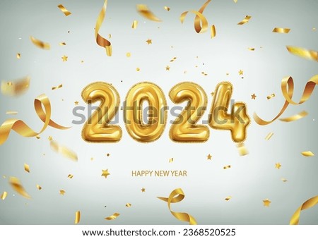 3d realistic isolated vector with gold gel balls as numbers two thousand and twenty four, 2024, white background, New Year's balloons to decorate your design, New Year, Christmas, advertising