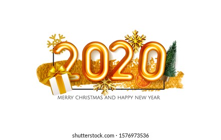 3d realistic isolated vector with golden gel balloon 2020, christmas balls, fir tree pine New Year's balloons isolated in gold brush paint splash, christmas, ads