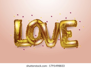 3d realistic isolated vector with Golden helium balloons in the form of letters love, balloons to decorate your holiday design, advertising