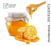 3d realistic isolated vector honey jar and stick with liquid honey flowing on honeycomb pieces in a puddle