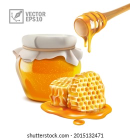 3 d realistas vectores aislados de jarra de miel y palo con miel líquida fluyendo sobre trozos de peine de miel en un charco