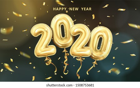 3d realistic isolated vector horizontal banner, golden gel balls arranged as a number two thousand twenty, 2020, New Year's balloons with tinsel to decorate your design, christmas, ads