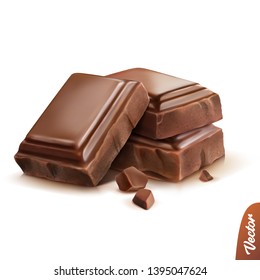 3d realistic isolated vector icon, three pieces of milk or dark chocolate with crumbs