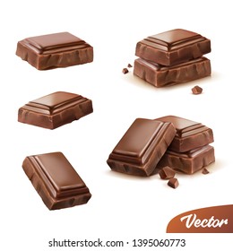3d realistic isolated vector icon set, pieces of milk or dark chocolate with crumbs, movable