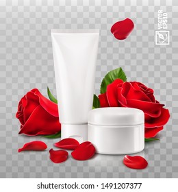 3d realistic isolated vector mockup of jar and tube with cosmetic cream, flowers and red rose petals