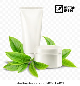 3d realistic isolated vector mockup, jar and tube with cosmetic cream, tea or mint leaves