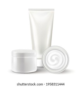 3d realistic isolated vector mockup of white cosmetics, tube and jar, toothpaste, cream