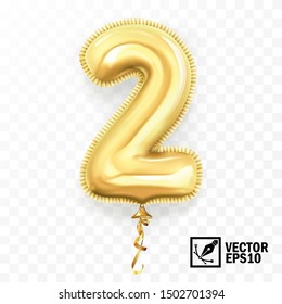 3d realistic isolated vector with number two, 2, gold helium balloon for your design decoration, party, birthday, ads