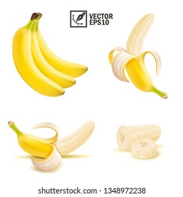 3d realistic isolated vector peeled and whole banana fruit, pieces and slices of banana