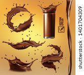 3D realistic isolated vector set, different splashes of chocolate, cocoa or coffee, a transparent glass with a splash, a flowing stream, vortex