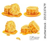 3d realistic isolated vector set with honey, honeycomb pieces in various versions